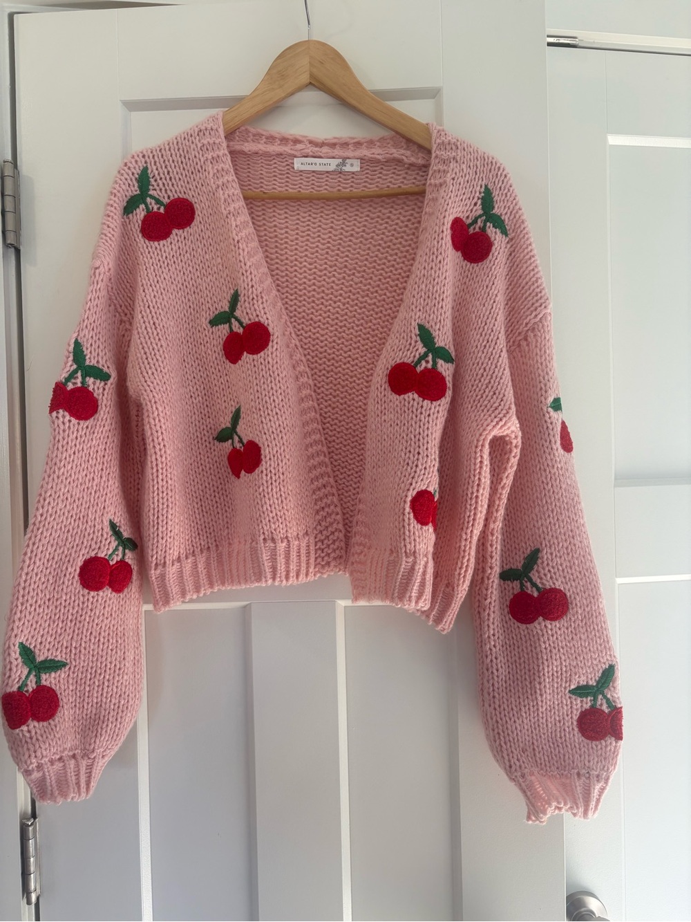 Altar'd State Pink Cherry Embroidered Knit Cardigan